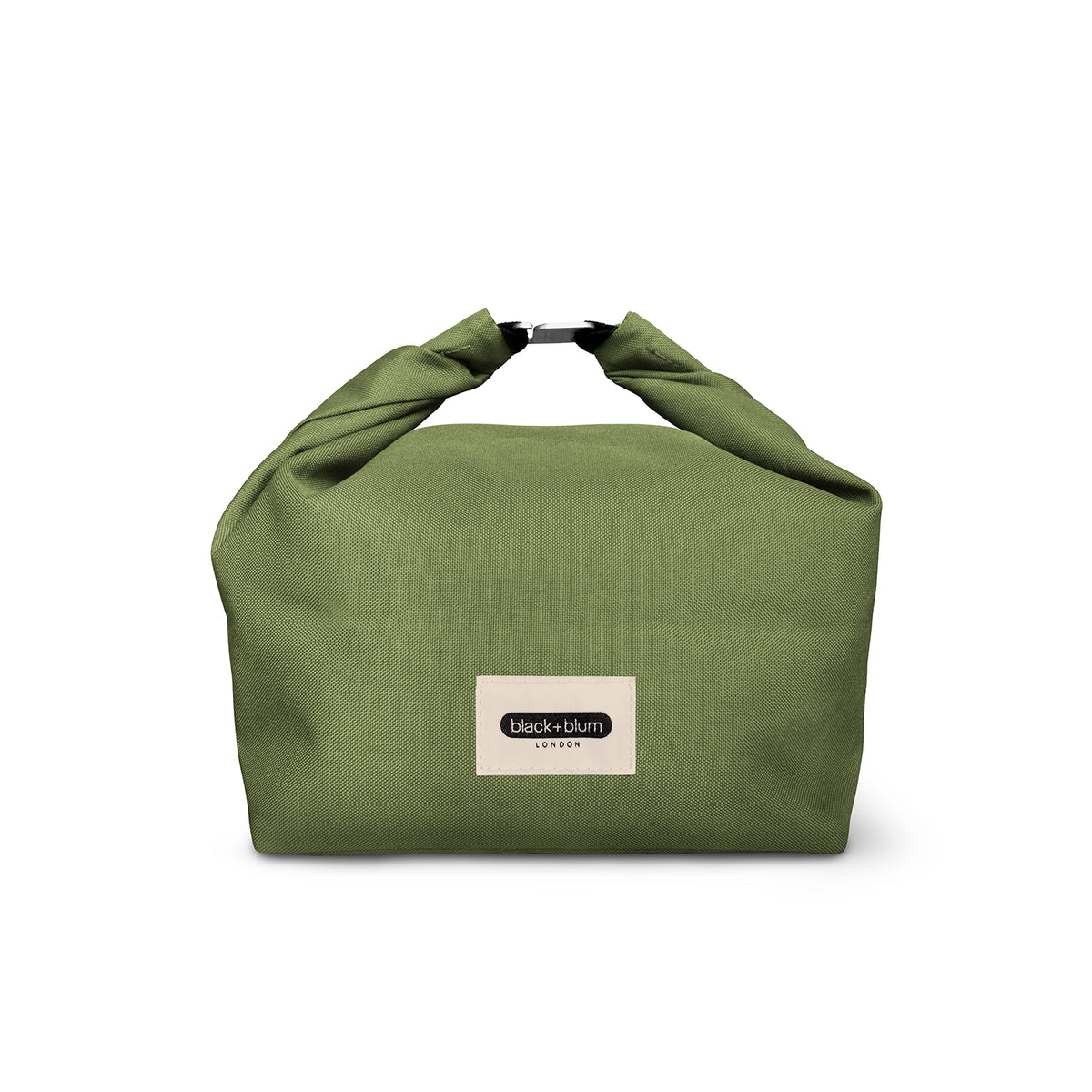 BLACK+BLUM lunchbag with black exterior and zipper closure, showing a compact design for carrying meals and snacks.