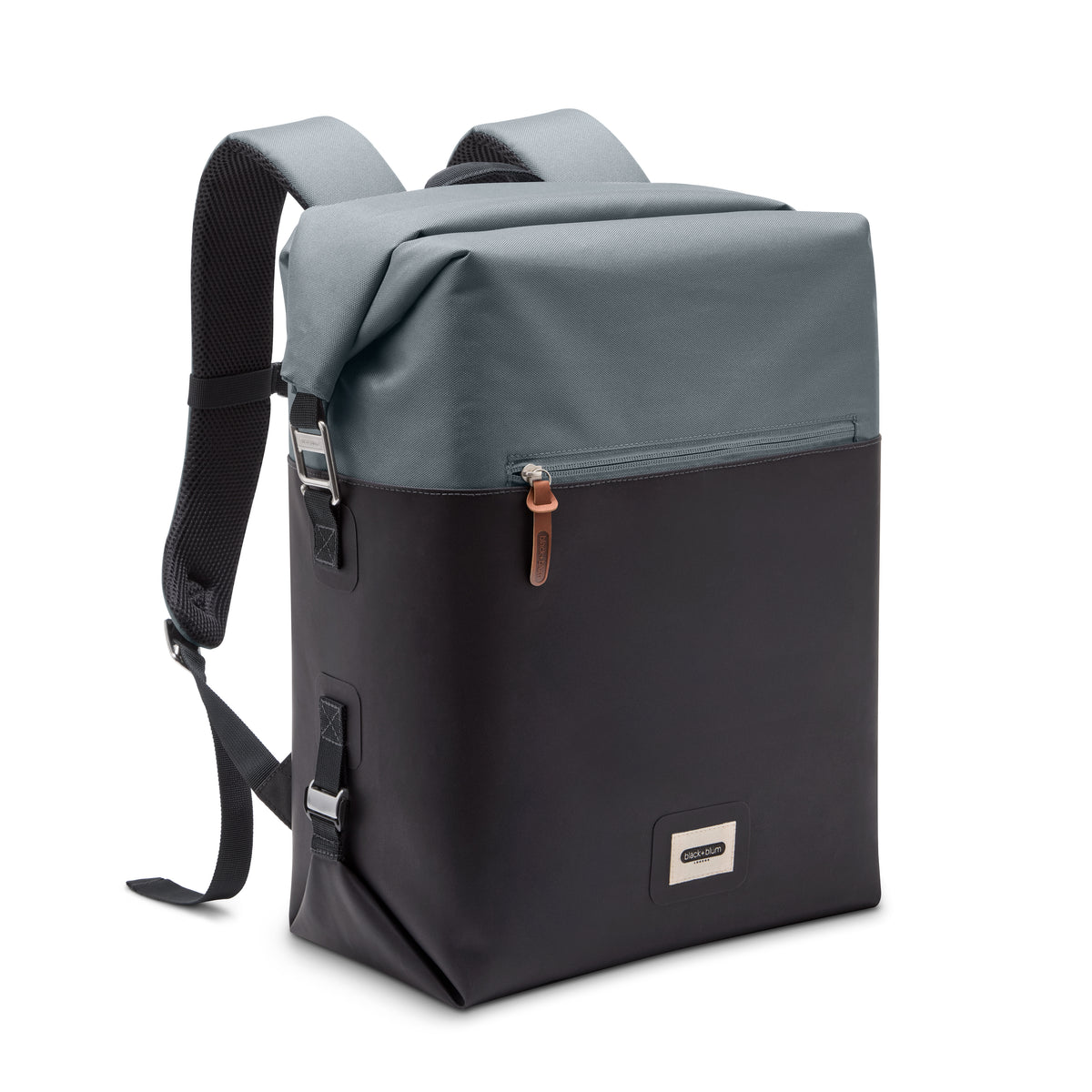 BLACK+BLUM 20L foldable cooler backpack showing insulated fabric and adjustable straps on a white background.
