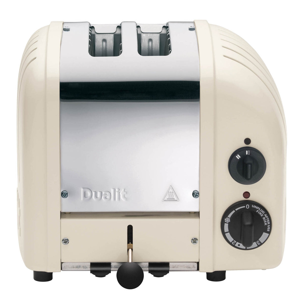 Dualit NewGen toaster in cremeweiß with a 2-slice capacity, showcasing its sleek design and modern features.