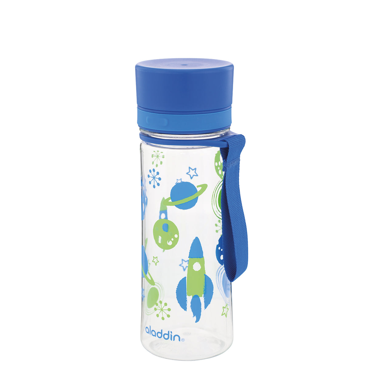 Blue ALADDIN FIRST AVEO Trinkflasche with 350 ml capacity, featuring a sleek design and secure screw-top lid.