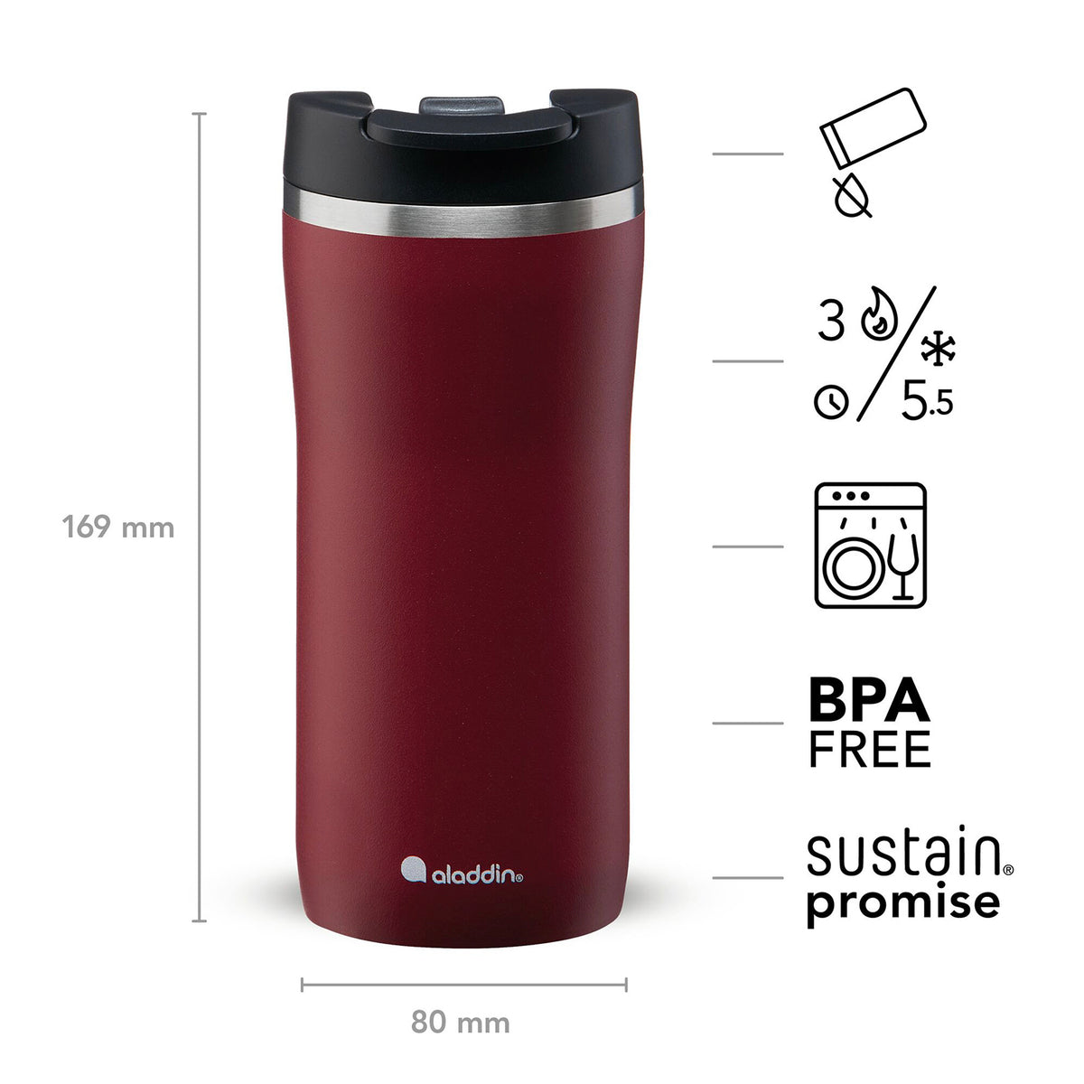 ALADDIN Barista thermobecher in burgundy, 350 ml, with a stainless steel body and black lid, designed for hot beverages.