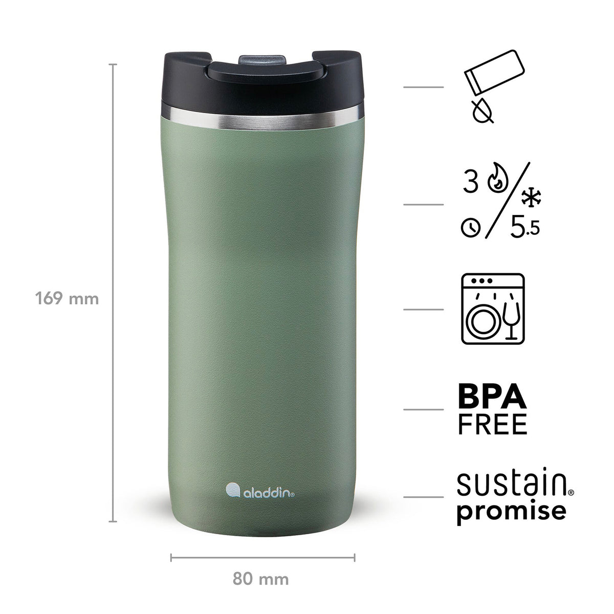 Green ALADDIN Barista thermobecher with 350 ml capacity, stainless steel travel mug with lid and ergonomic design.