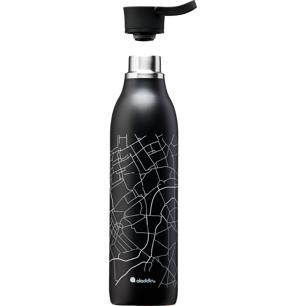 Black ALADDIN City Loop insulated flask, 600ml, with a sleek design perfect for keeping beverages hot or cold.