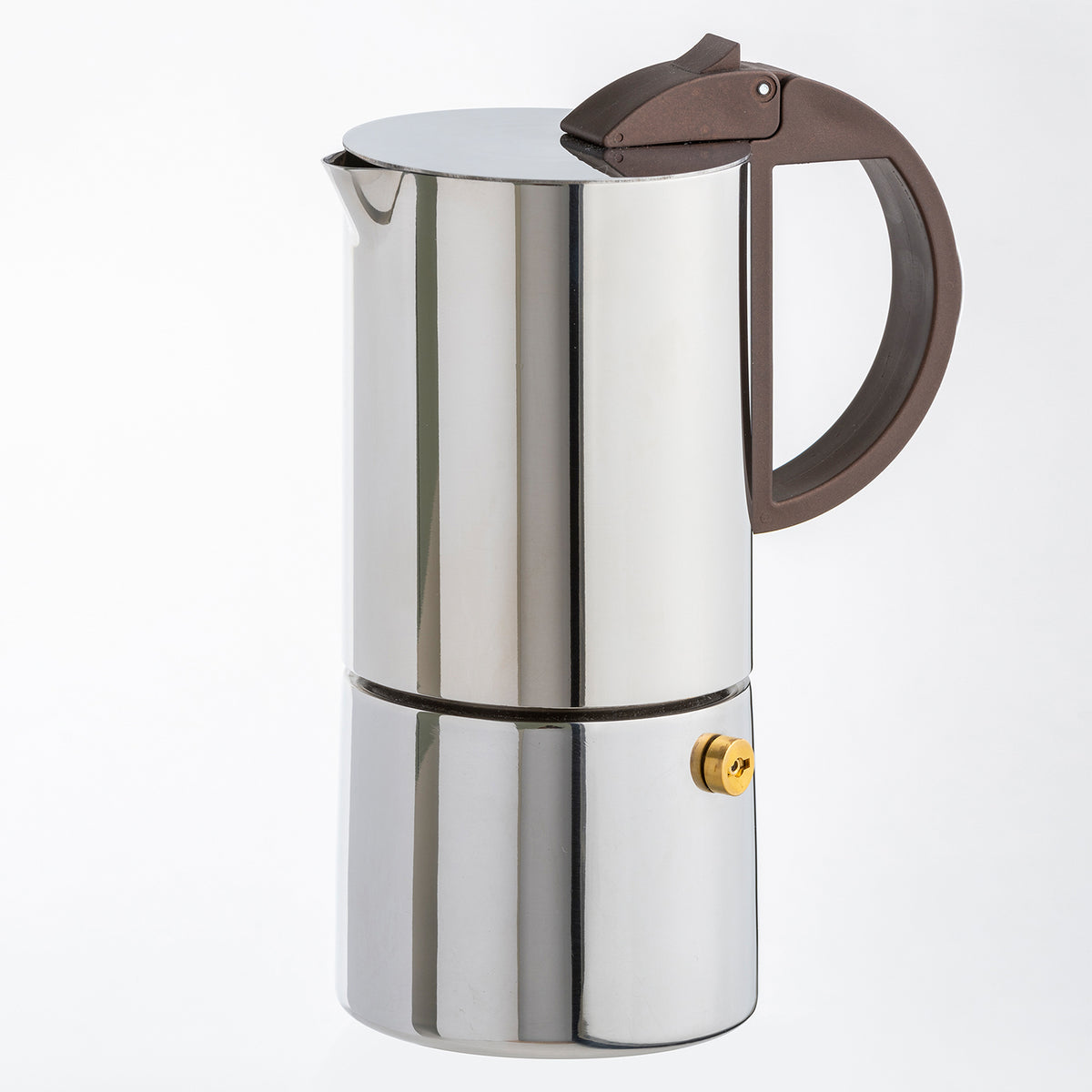 GNALI & ZANI Chicca espresso maker, stainless steel stovetop espresso pot with black handle and lid, designed for brewing rich coffee.