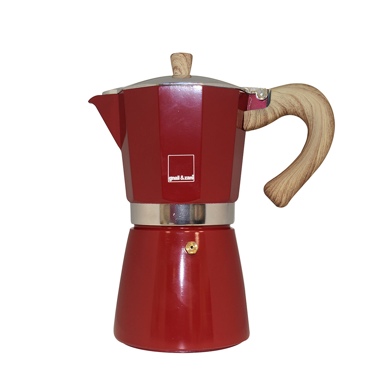 GNALI & ZANI Venezia red stovetop espresso maker, aluminum pot with black handle, for brewing rich Italian coffee.