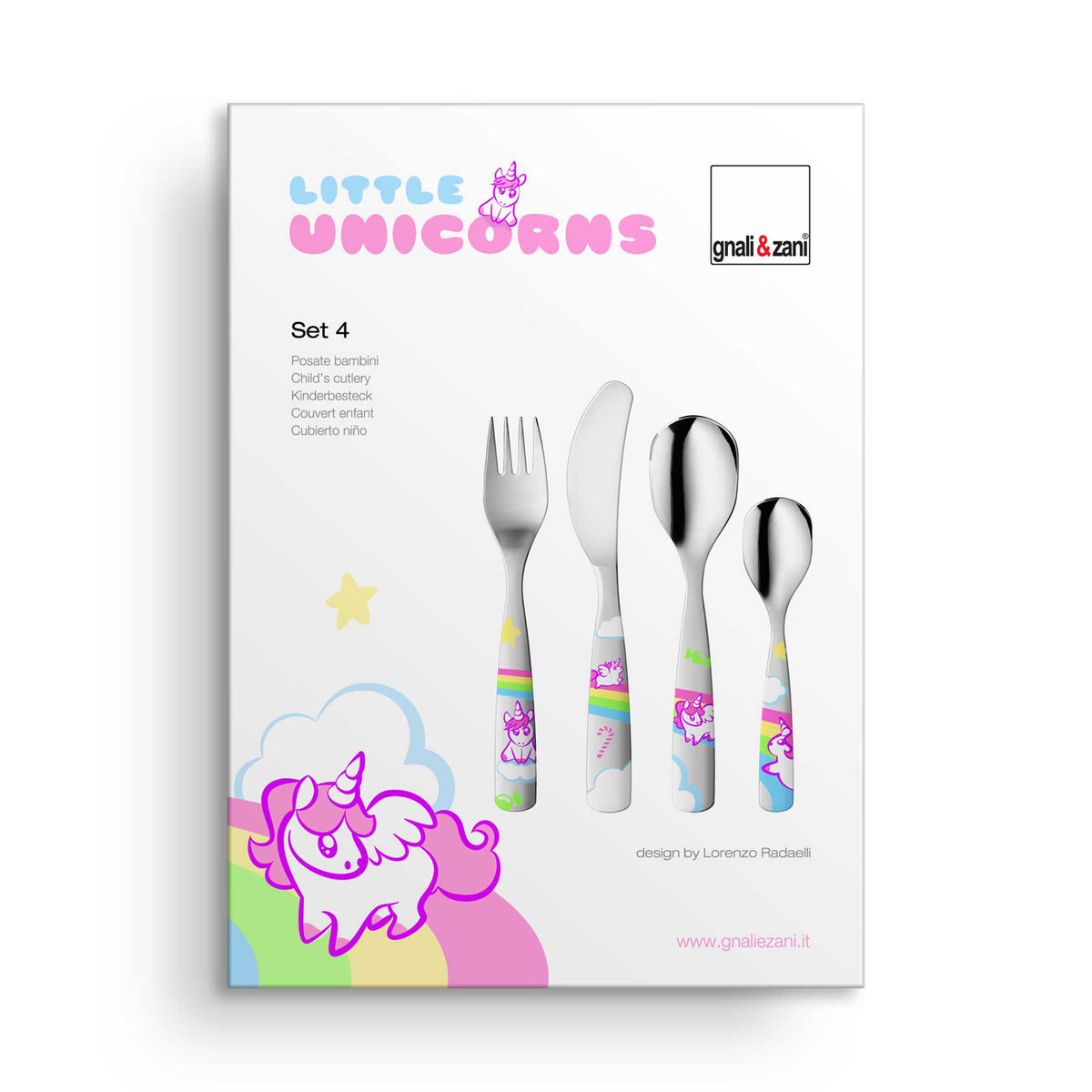 GNALI & ZANI Kinderbesteck Set with small unicorn design, featuring colorful utensils for children.
