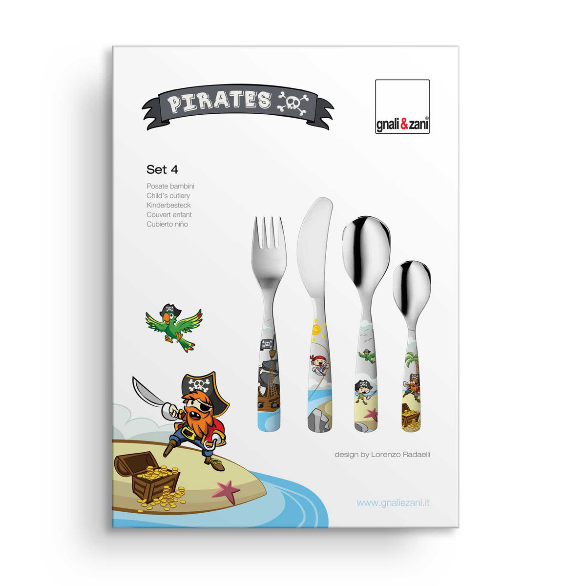 Colorful GNALI & ZANI Kinderbesteck set with pirate design, made of stainless steel for children, vibrant and child-friendly.