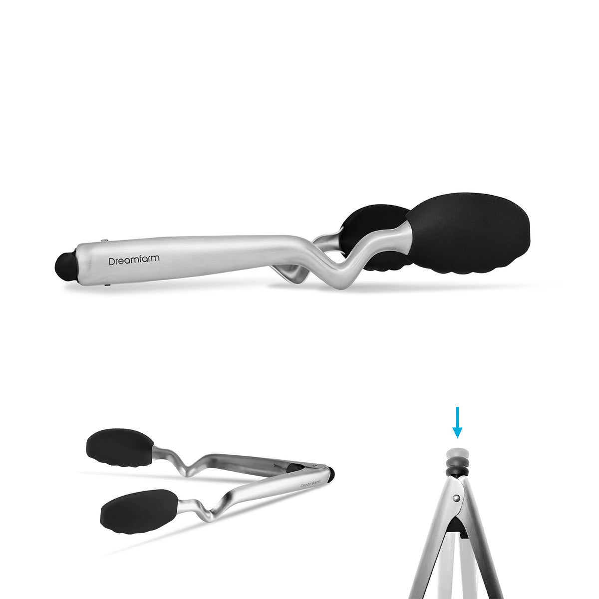 Black DREAMFARM Küchenzange CLONGS with stainless steel tips, ideal for grilling, cooking, and serving food.