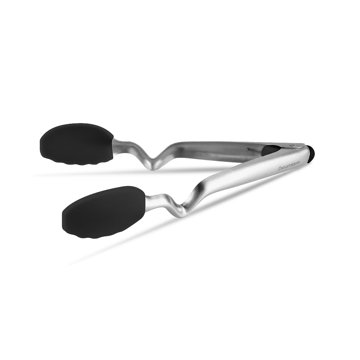 DREAMFARM black kitchen tongs (Küchenzange) with stainless steel tips, ideal for cooking and serving food comfortably.