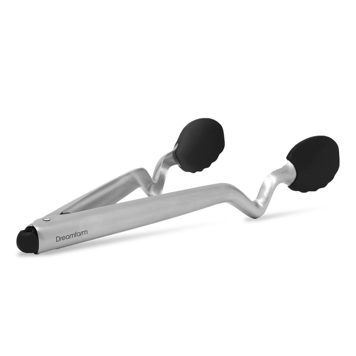 Black DREAMFARM Küchenzange (CLONGS) stainless steel tongs for cooking and serving food in the kitchen.
