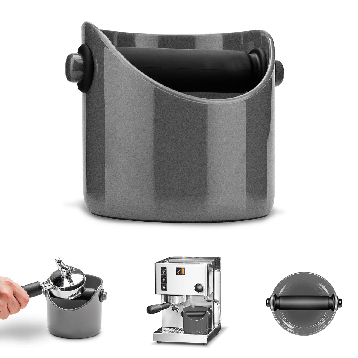 DREAMFARM Kaffeesatz-Behälter for coffee grounds storage, black plastic container with lid, compact and functional design.