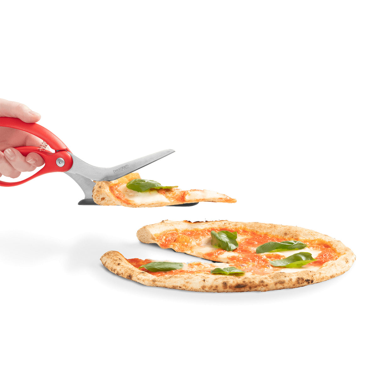 DREAMFARM Pizzaschere, SCIZZA pizza cutter with stainless steel blade and black handle for easy pizza slicing.