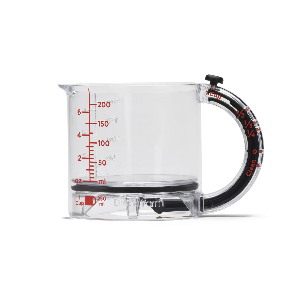 DREAMFARM messbecher measuring cup with clear markings, made of durable plastic, featuring a handle for easy pouring.