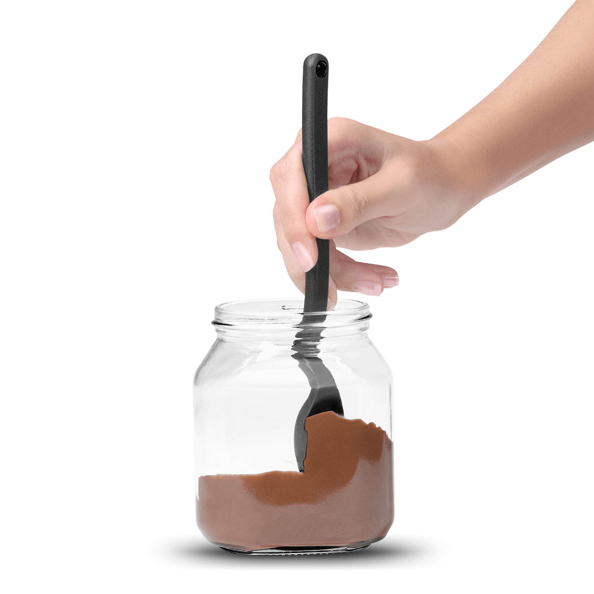 DREAMFARM mini soup spoon, black ceramic cooking spoon for stirring and serving in the kitchen.