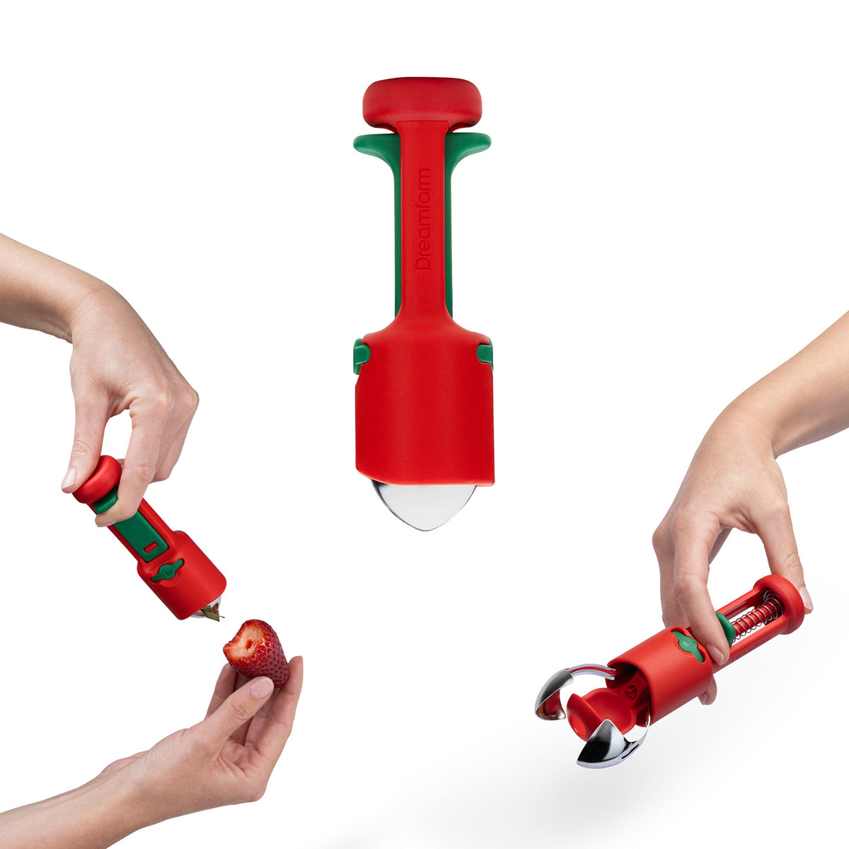 DREAMFARM Obst-Entkerner HULLAPIT with strawberry stem remover, stainless steel fruit pitter for cherries and plums.