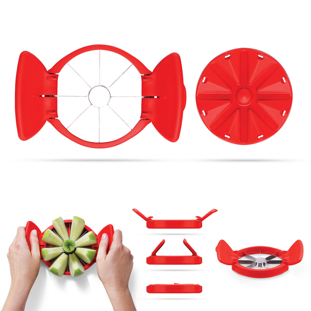 DREAMFARM red apple slicer, FLAPPLE, 12.6 cm, stainless steel apple cutter and corer with ergonomic handle on a white background.