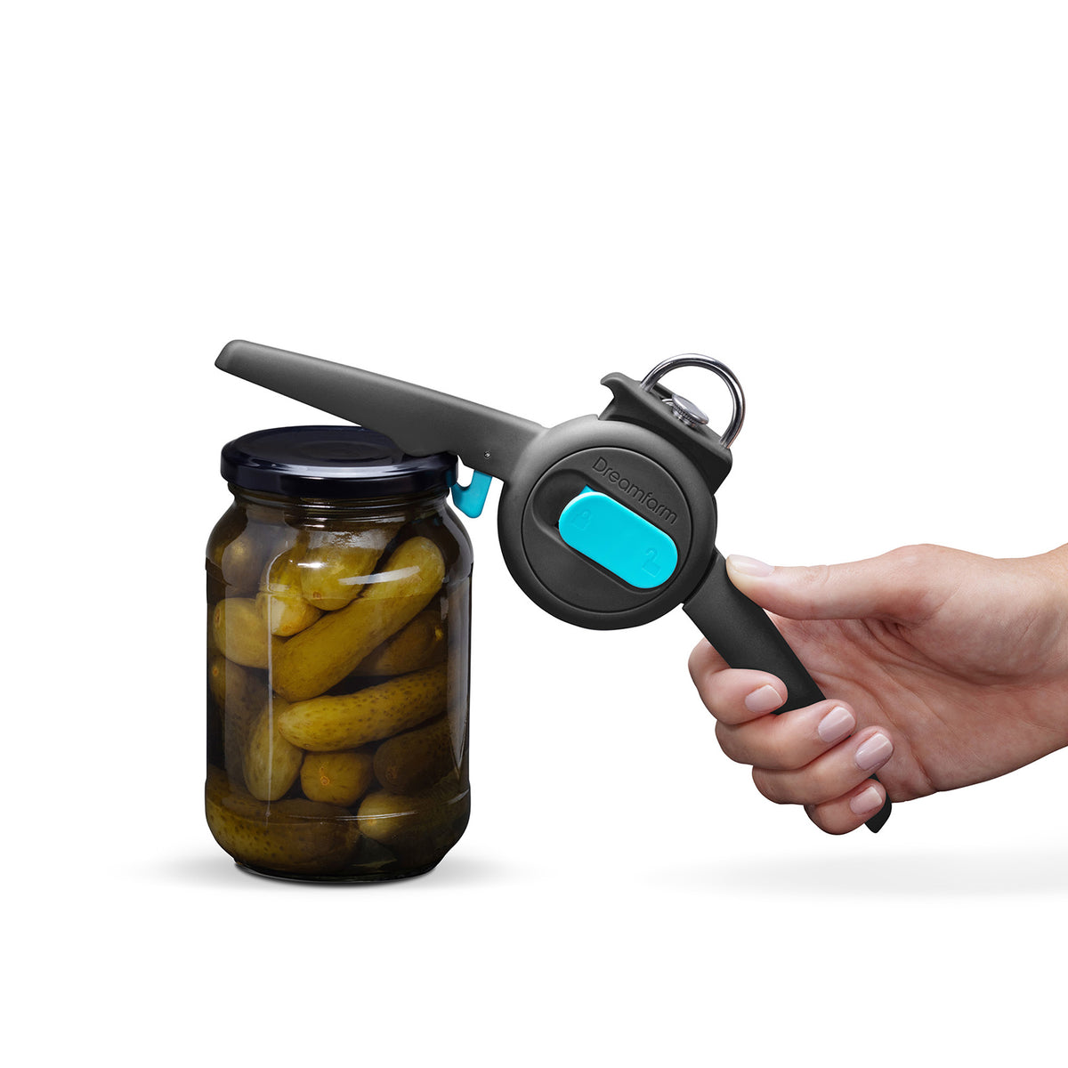 DREAMFARM black can opener, 19.5 cm long, with ergonomic handle and stainless steel cutting mechanism.