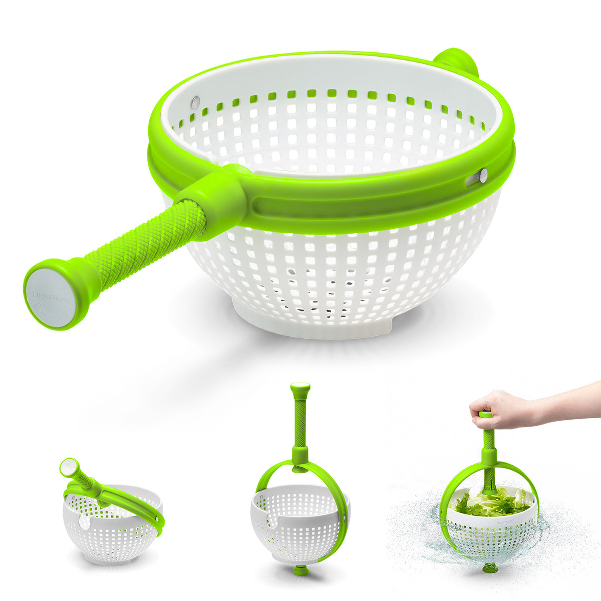DREAMFARM Salatschleuder 2in1 in green, 3.4L capacity, with a basket and spinning basket for washing and drying salads.