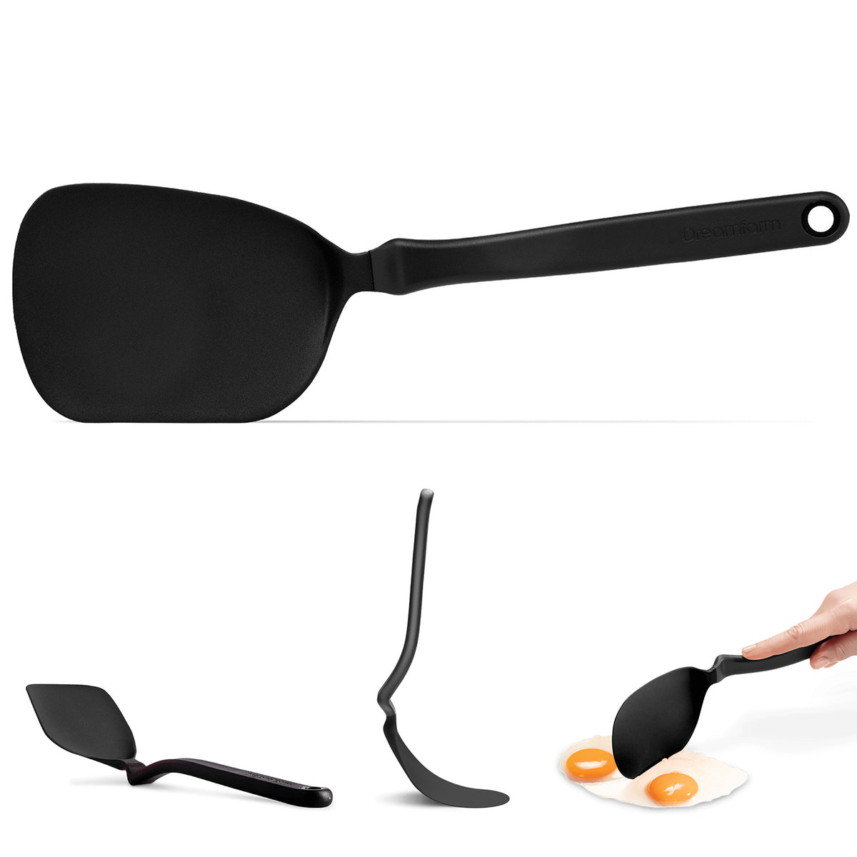 DREAMFARM Pfannenwender Chopping spatula with a black handle and flexible silicone head for cooking and flipping.