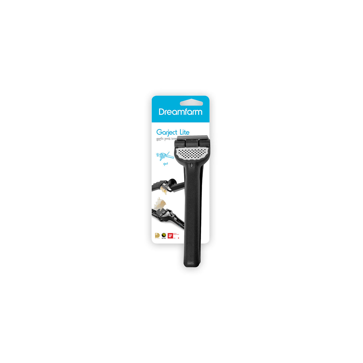 DREAMFARM GARJECT garlic press made of stainless steel with ergonomic handle, designed for easy garlic mincing.