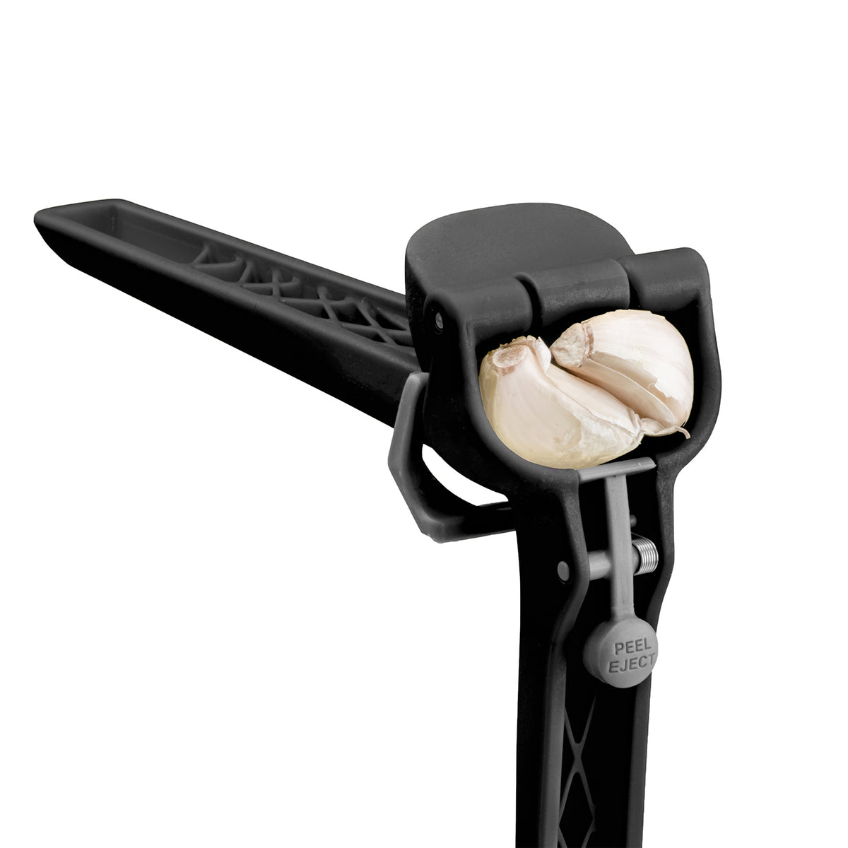DREAMFARM GARJECT garlic press made of stainless steel with ergonomic handle, designed for easy crushing and mincing garlic.
