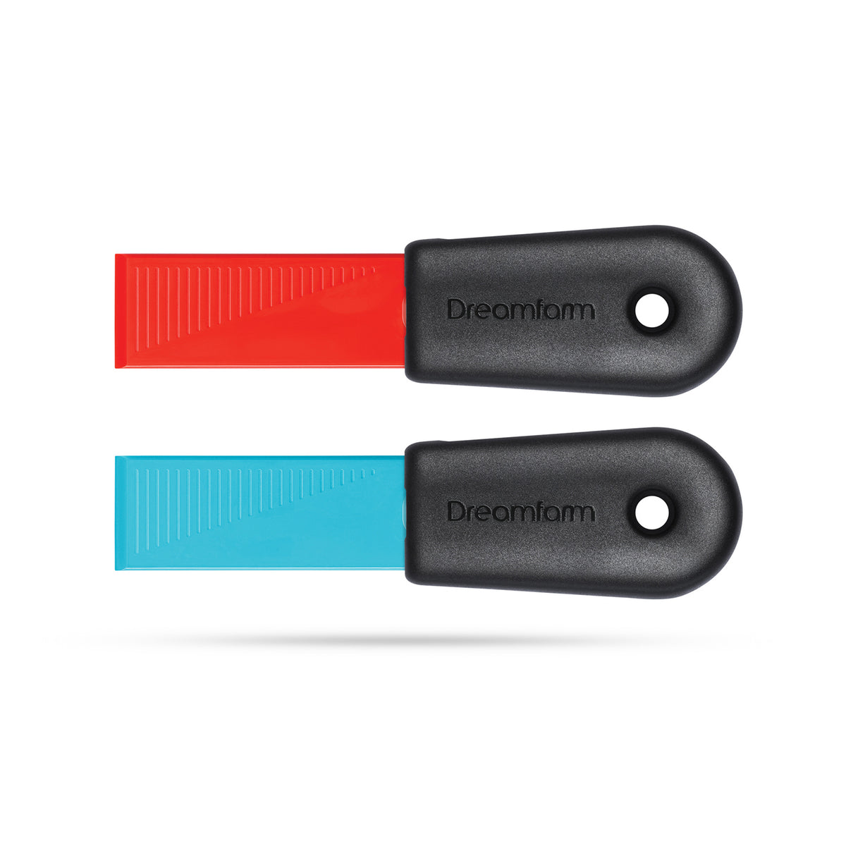 DREAMFARM CLEANA cleaning scraper in blue and red, dual-pack with two handheld plastic scrapers for easy surface cleaning.