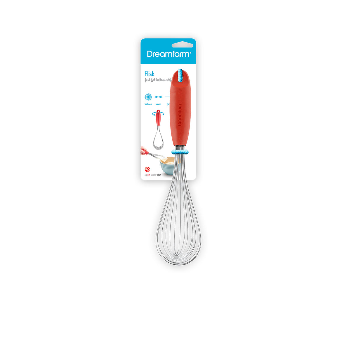 DREAMFARM Schneebesen (whisk) with stainless steel handle and wire loops for mixing and whipping ingredients.