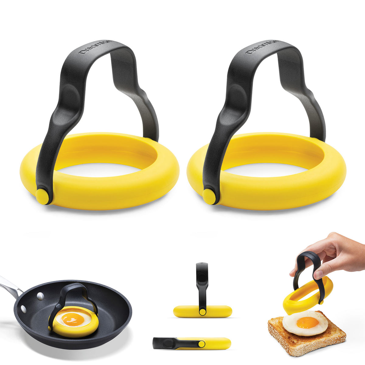 DREAMFARM Spiegelei-Heber, 2er Set in yellow, silicone egg flippers for frying eggs, with a flat spatula design.
