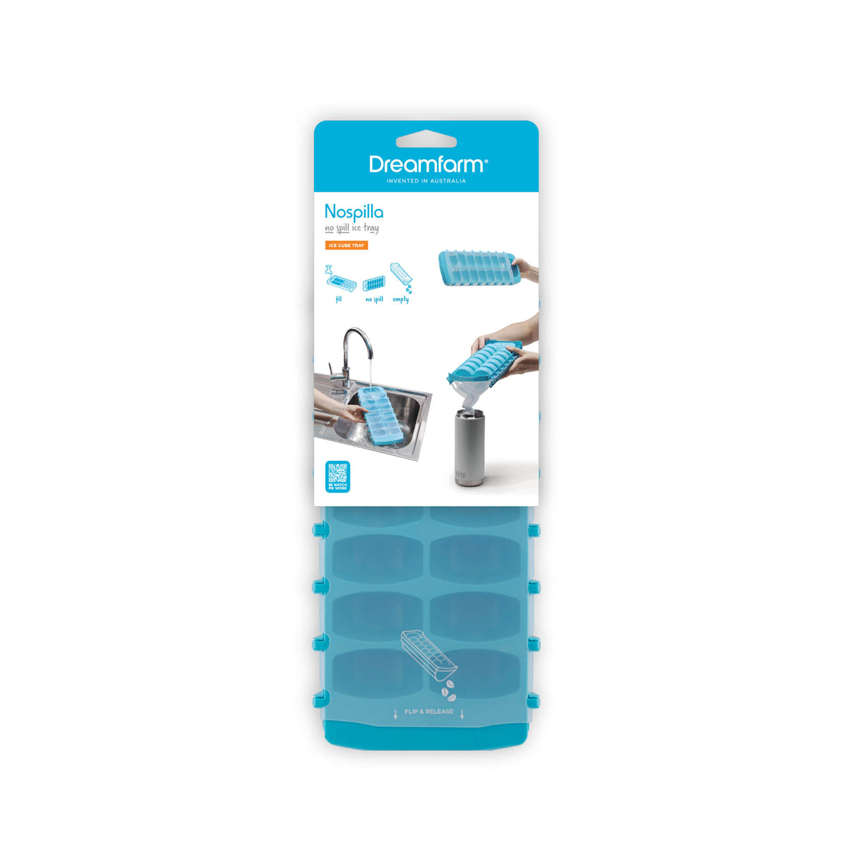 DREAMFARM NOSPILA white ice cube mold with multiple compartments for making clear, uniform ice cubes.