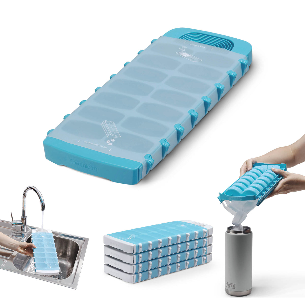 White DREAMFARM Eiswürfelform with multiple ice cube molds for making clear, uniform ice cubes.
