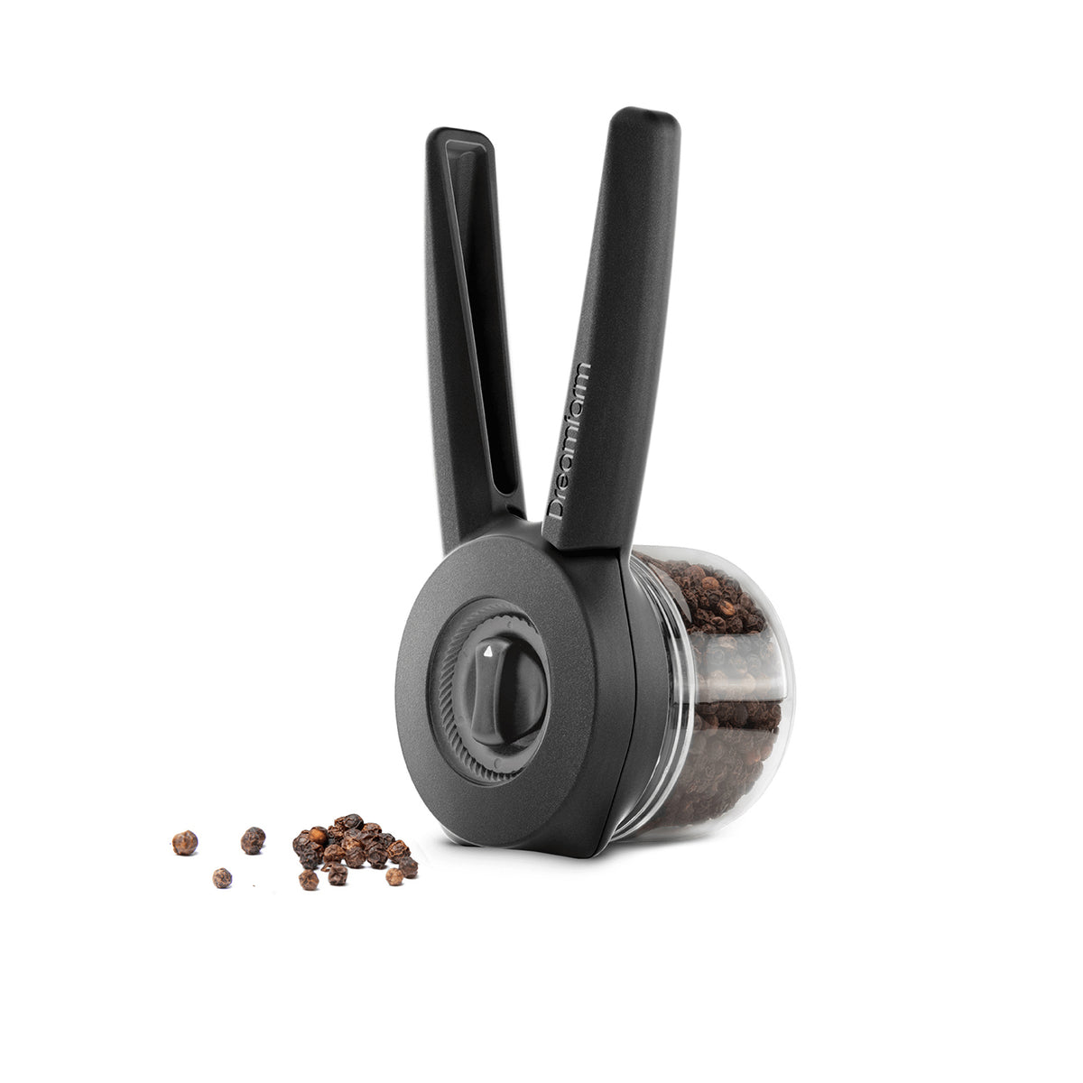 DREAMFARM ORTWO black spice grinder with a sleek matte finish and adjustable grinding mechanism.