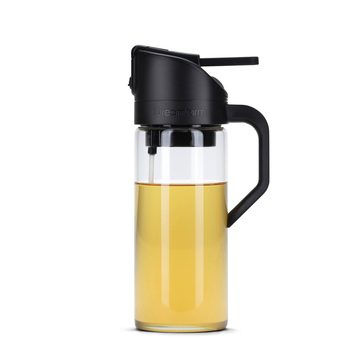DREAMFARM Ölsprüh-Flasche OILEROO in schwarz, 400ml, with spray nozzle for oil application, shown from front angle.