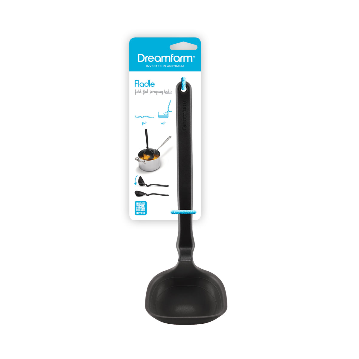 Red DREAMFARM Schöpfkelle (ladle) with a flat design, ideal for serving soups or sauces in the kitchen.