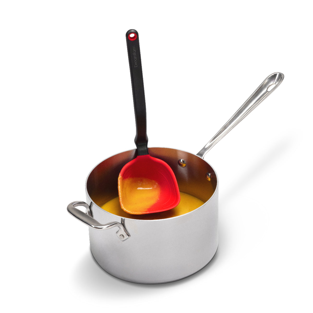 Red DREAMFARM Schöpfkelle (ladle) with a long handle, designed for serving soups and liquids in the kitchen.