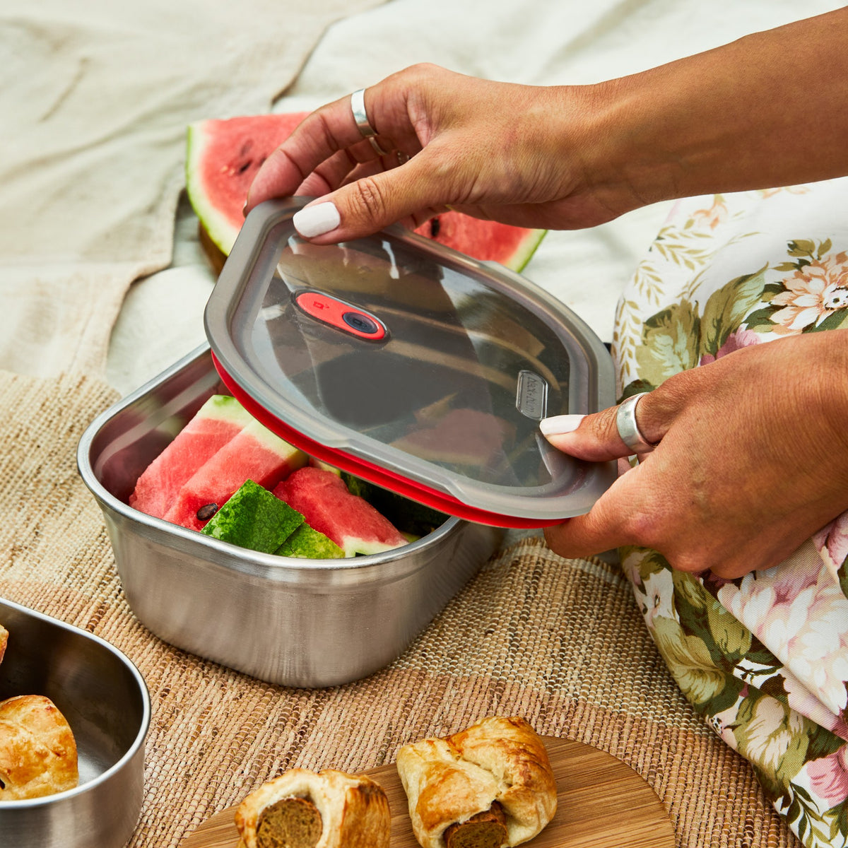 Black+Blum stainless steel multifunction storage box set with watermelon design, featuring three versatile containers.