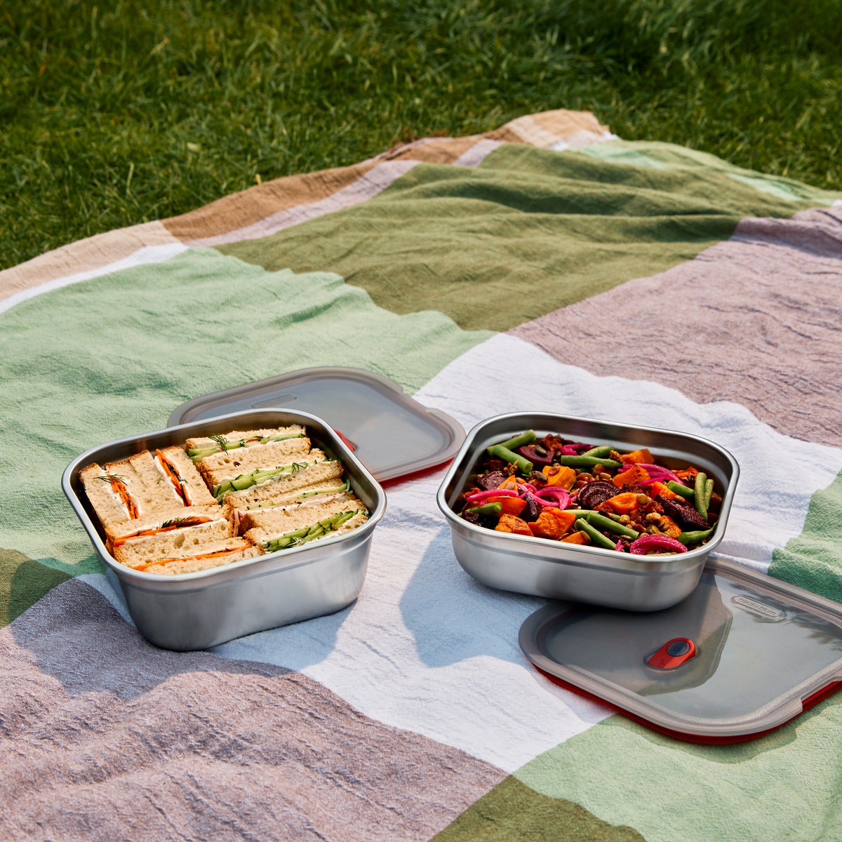 Black+Blum stainless steel multifunctional storage box with two square sizes, ideal for snacks, picnic, or organization.