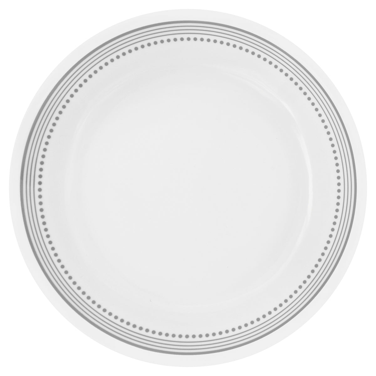 Corelle Mystic Grey dinnerware set featuring white plates with grey graphic patterns, elegant and modern ceramic dishes.