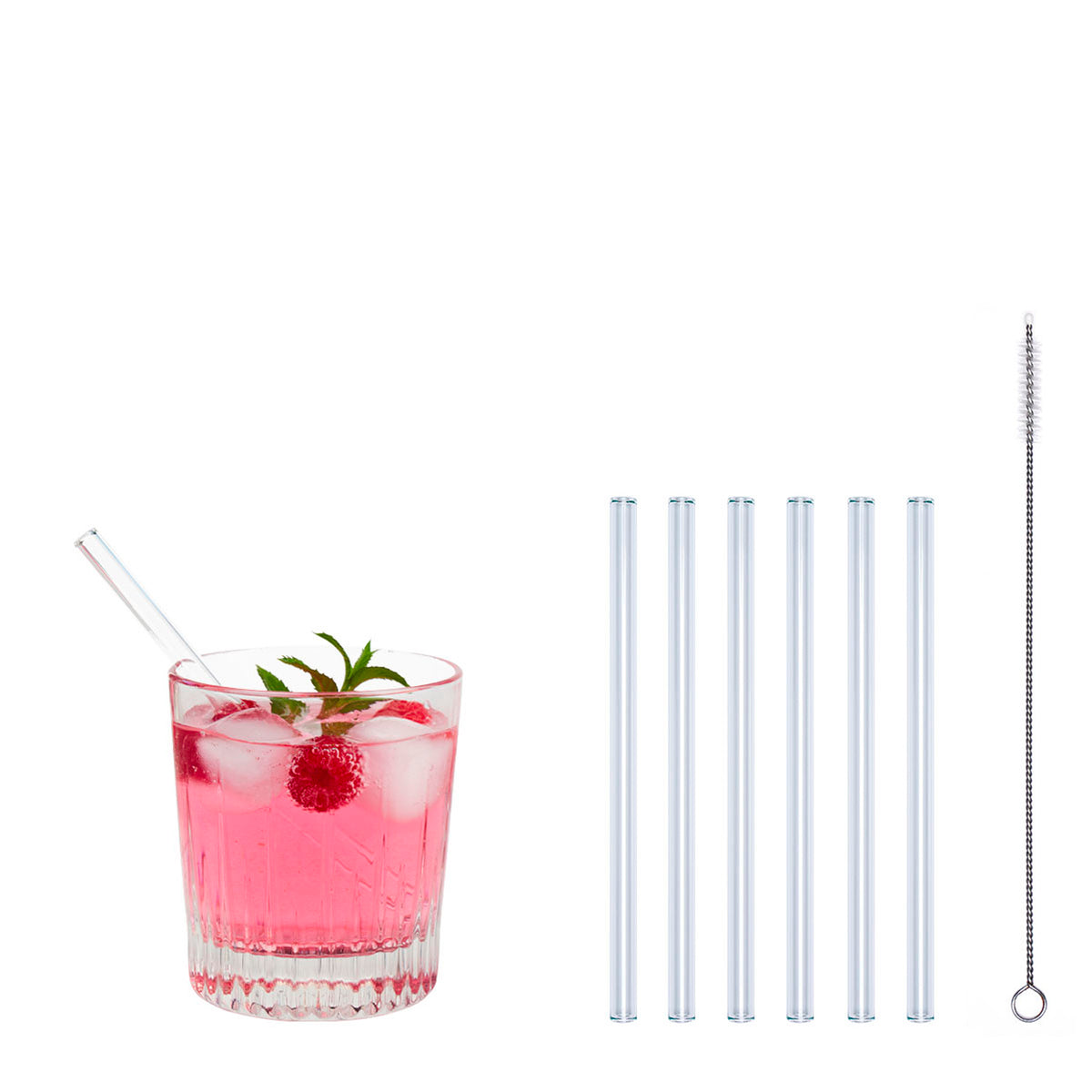 Set of four glass drinking straws in various sizes, clear and reusable, by Profino Select.