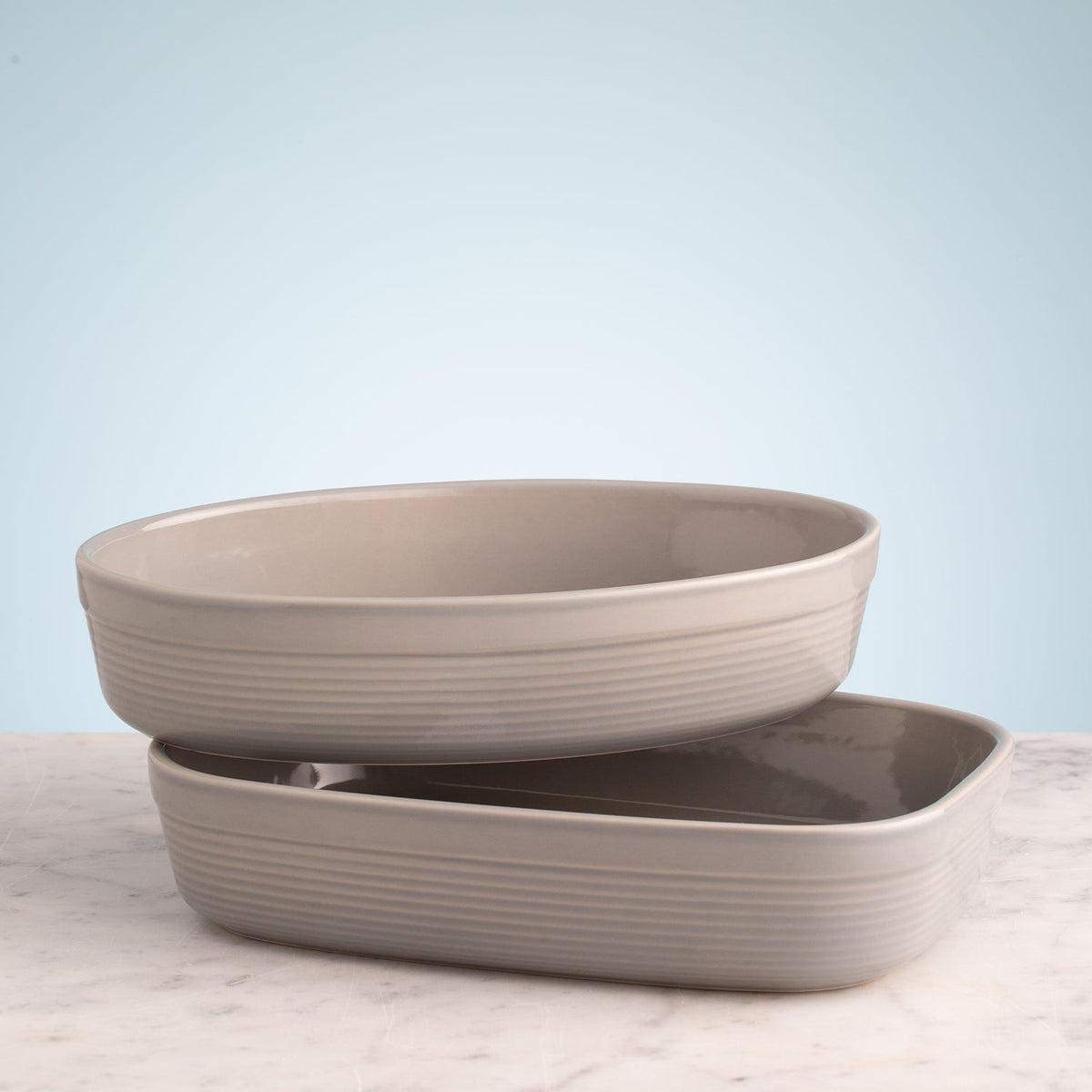 Gray William Mason small rectangular baking dish, 1.4L with slight glaze imperfections, made by Mason Cash.