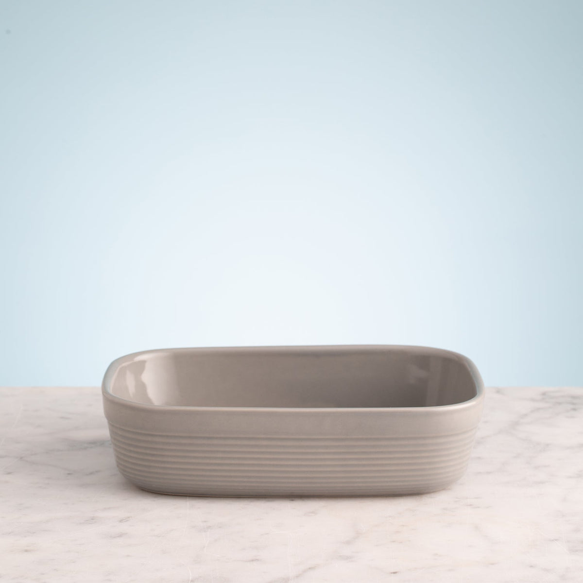 Gray William Mason Cash small rectangular 1.4L baking dish with slight glaze imperfections, ideal for oven use.
