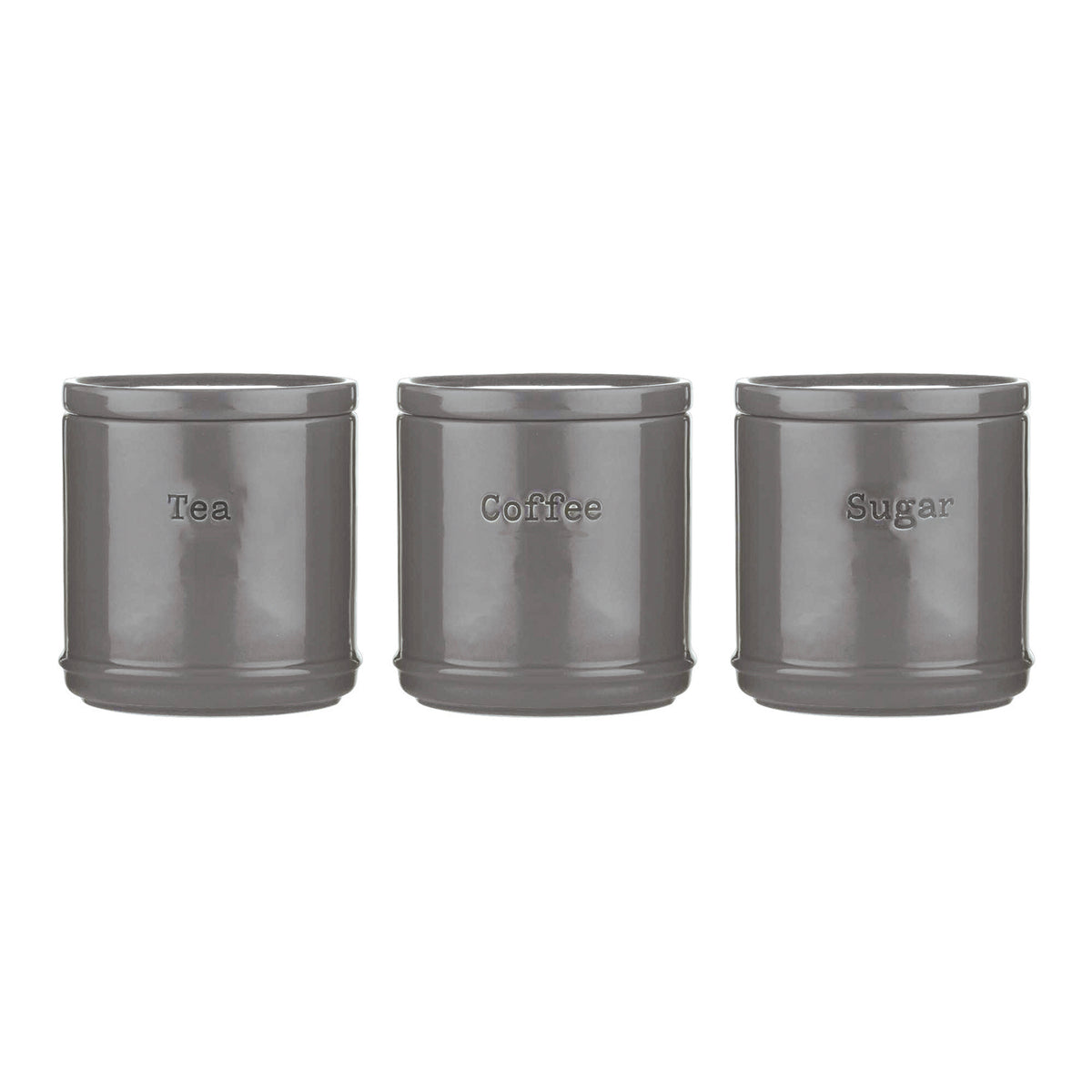 Set of three Price & Kensington ACCENTS storage jars in different colors, featuring clear lids and ceramic construction.