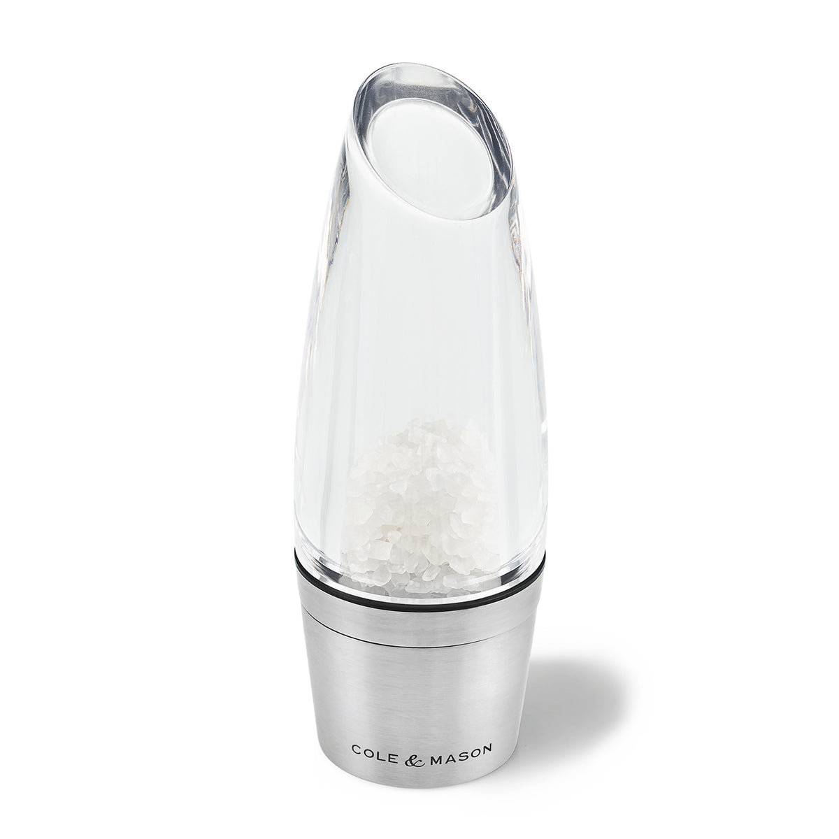 Cole & Mason Acryl-Edelstahl-Mühle MILSTON salt grinder with stainless steel and acrylic finish, showing the textured grinding mechanism.