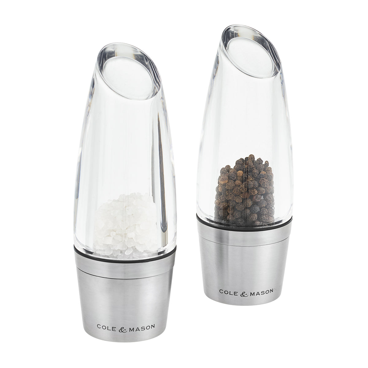 Cole & Mason Acryl-Edelstahl-Mühle MILSTON salt and pepper grinder with clear acrylic body and stainless steel accents.