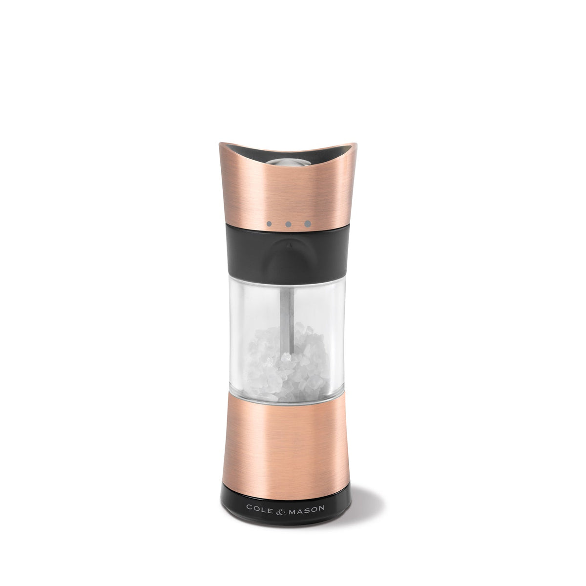 Cole & Mason Horsham Kupfer Inverta salt mill, 15.4 cm tall, with a sleek copper finish and modern design.