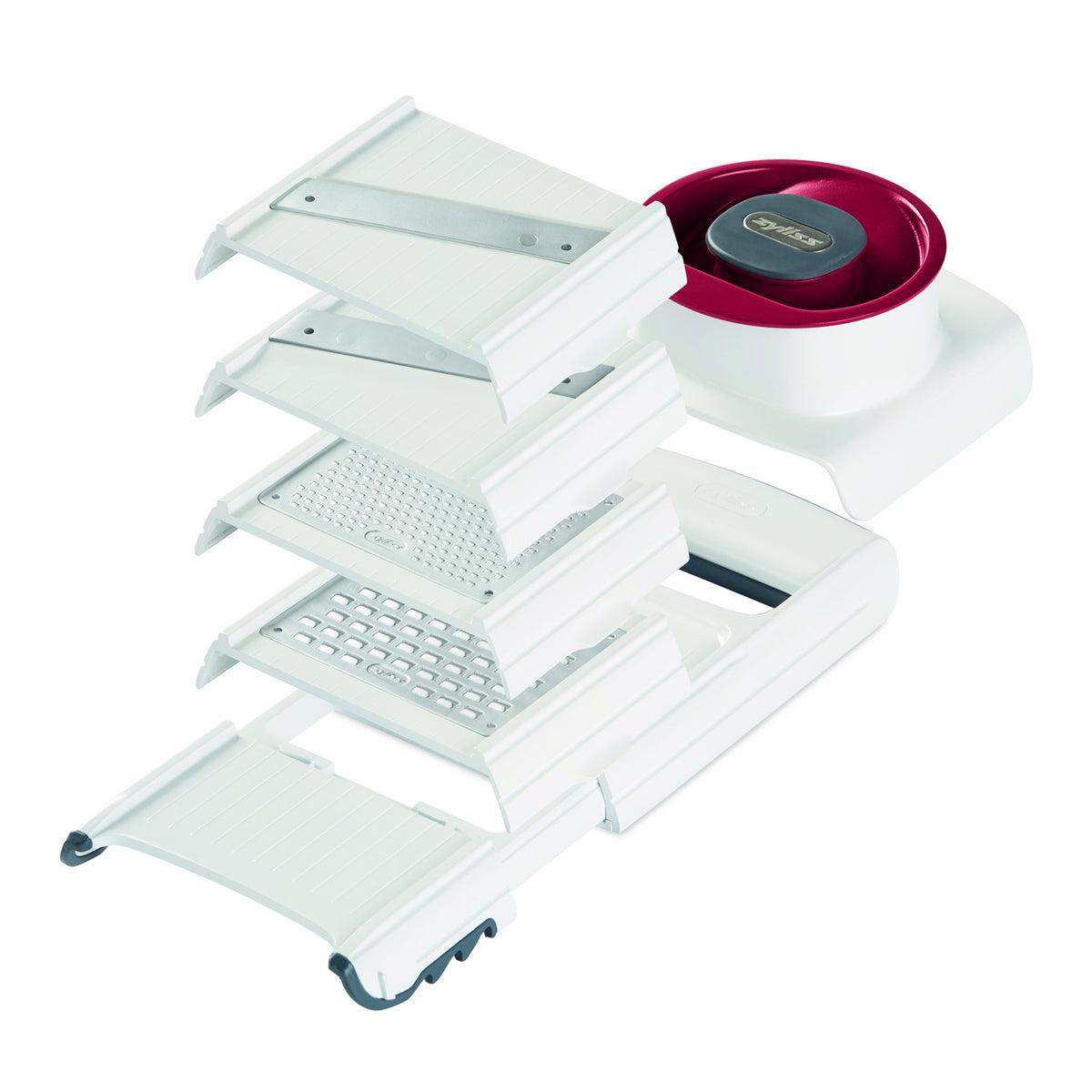 Zyliss 4-in-1 Hobel and Reibe with multiple blades for slicing, grating, and shredding, shown with stainless steel components.