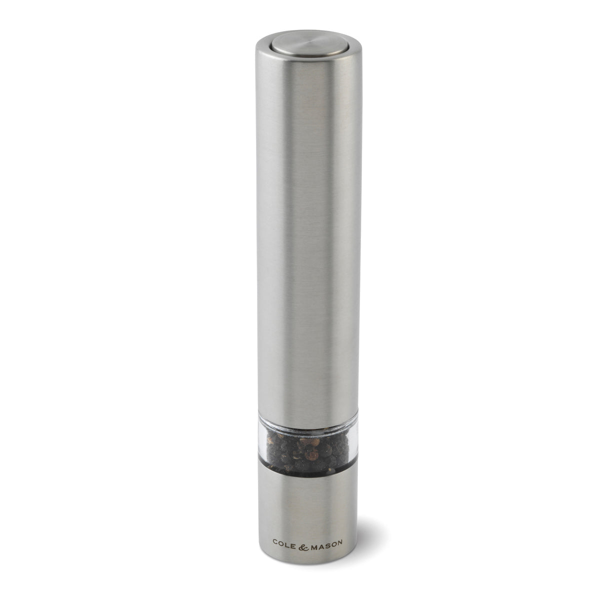 Cole & Mason Elektrische Mühle Chiswick with stainless steel finish, showing the adjustable grind mechanism and modern design.