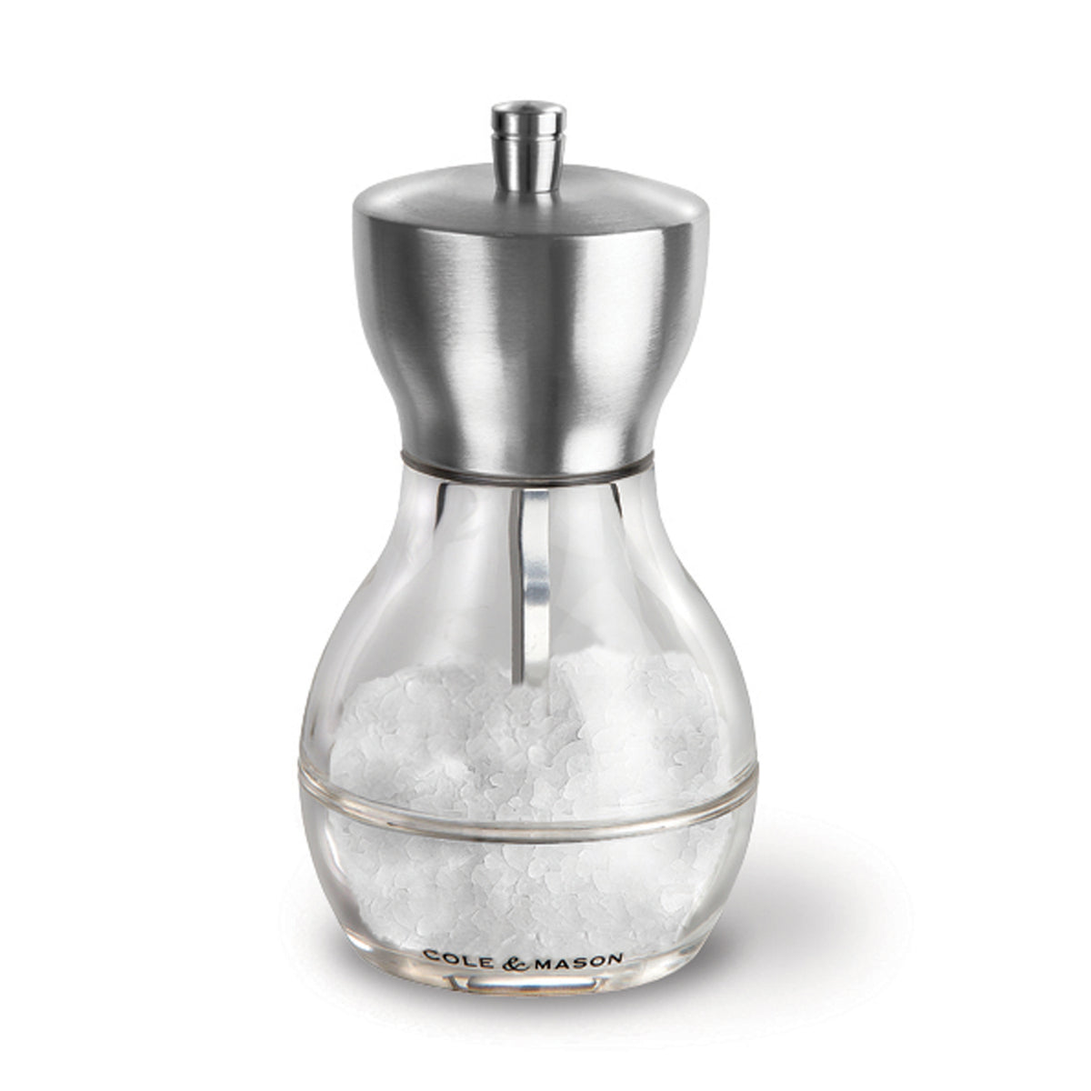 Cole & Mason Acryl-Edelstahl-Mühle Canterbury salt grinder with clear acrylic body and stainless steel accents.