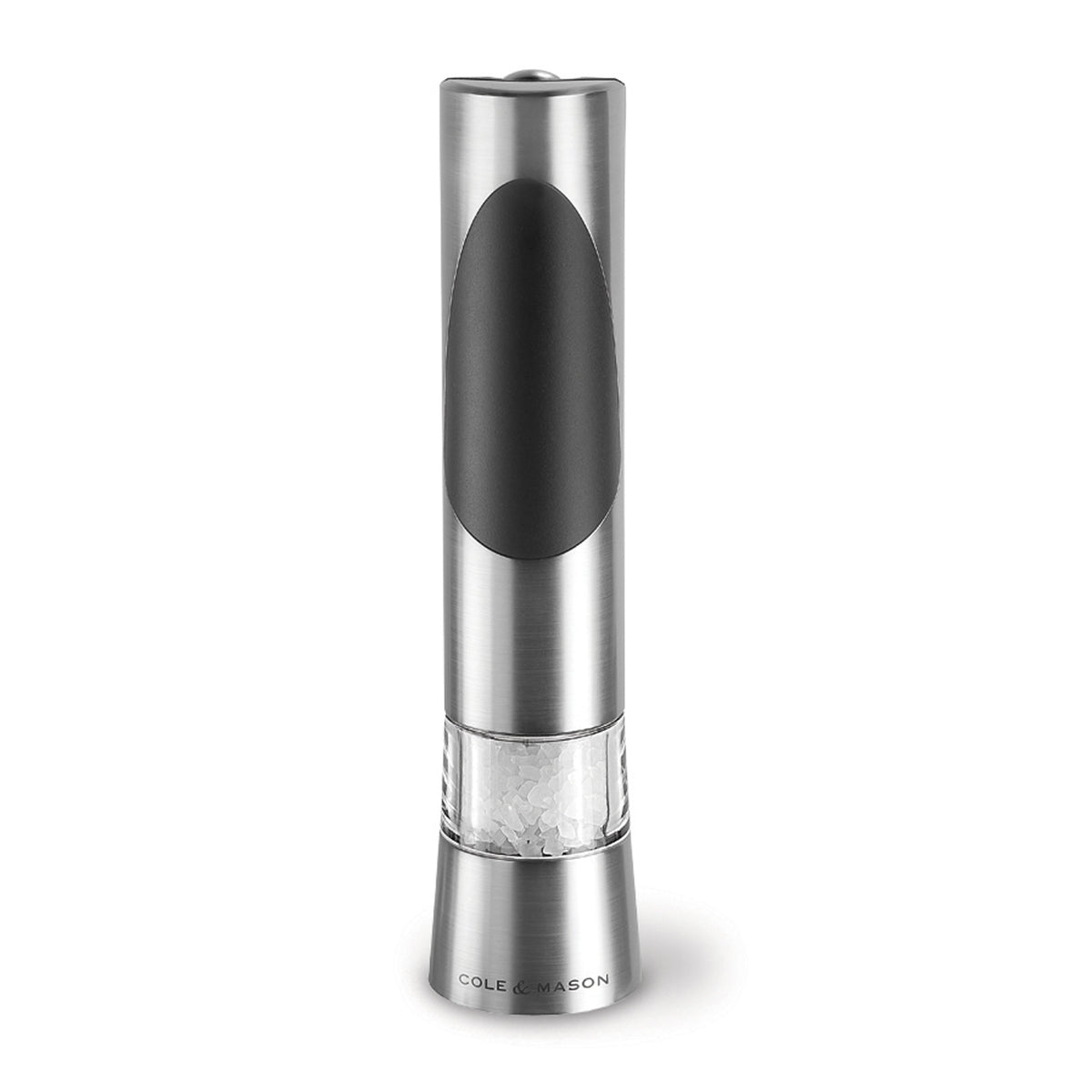 Cole & Mason electric mill Richmond with sleek black design and stainless steel accents, showing a close-up of the grinding mechanism.