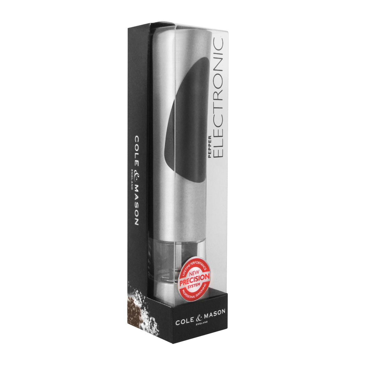 Cole & Mason electric mill Richmond with a sleek design and transparent salt or pepper chamber, ready for seasoning.