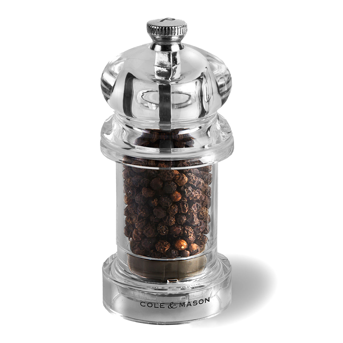 Cole & Mason Acrylmühle 575 pepper mill, clear acrylic grinder with adjustable ceramic mechanism for fresh ground pepper.